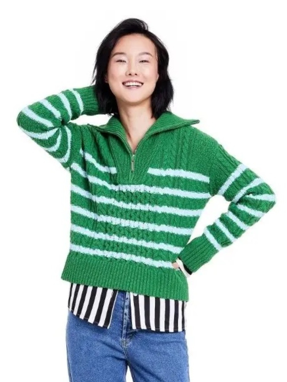 LA LIGNE Green Cable Knit Striped Quarter Zip Sweater Size M Tennis Preppy